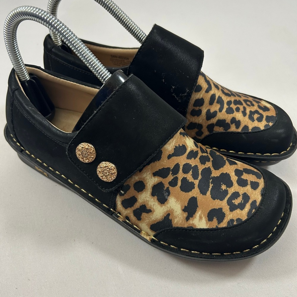 Alegria Loafers Womens 37 / 7 Black Sarah Leopard Animal Print Leather Hook Loop